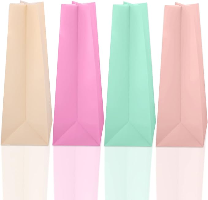 Cooraby 30 Pack Pastel Gift Candy Paper Bags with Stickers 5.1 x 3.1 x 9.4 Inches Snack Sweet Craft Bags for Birthday Wedding Party Anniversaries with 48 Stickers