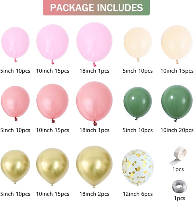 Sage Green Retro Pink Gold Balloons Garland Arch Kit 142PCS Nude Peatel Pink Confetti Balloons for Safari Jungle Green Boho Baby Shower Bridal Shower Engagement Wedding Birthday Party Decorations