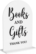 Baby in Bloom Shower Decorations, Baby Shower Sign, Newborn Gifts, Books and Gifts Signs, Modern Calligraphy Arched Acrylic Table Top Signs With Stand for Birthday Party Decorations (White)