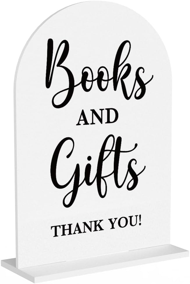 Baby in Bloom Shower Decorations, Baby Shower Sign, Newborn Gifts, Books and Gifts Signs, Modern Calligraphy Arched Acrylic Table Top Signs With Stand for Birthday Party Decorations (White)