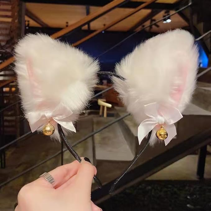 Light Up Headband Cat Ears With Bell Furry Headband Rave Accessories For Women Girls Valentine's Day Party Costume