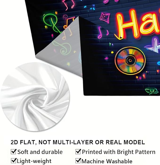 large 71x43 inch neon effect birthday porch banner suitable for indoor/outdoor birthday party decoration, with colorful music symbols, waterproof fabric suitable for terrace, courtyard, home and event decoration