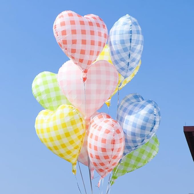 Pastel Grid Heart Balloons, 10 Pcs Rainbow Checkered Heart Shape Balloon, 18 Inch Pink Yellow Blue Red Green Lattice Foil Balloons Helium for Kids Birthday Valentines Baby Shower Party Decorations