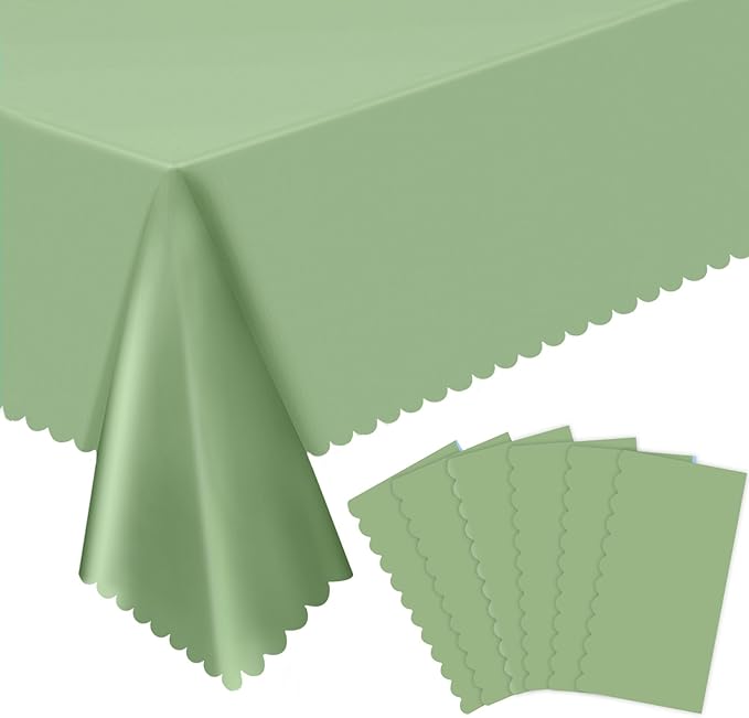 6 Pack Plastic Sage Green Tablecloth, 54 X 108Inch Disposable Easter Scalloped Table Cloth for Rectangle Table Waterproof Spring Table Cover for BBQ Picnic Wedding Bridal Shower Baby Shower Tea Party