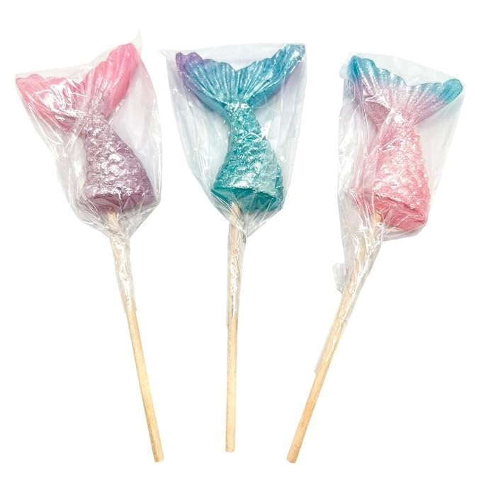 Mermaid Candy Lollipops - 12 Suckers Individually Wrapped - Great for Mermaid Party Favors - Goodie Bags for Kids Birthday - Candy Bar - Pretty Mermaid Tails Cupcake Toppers