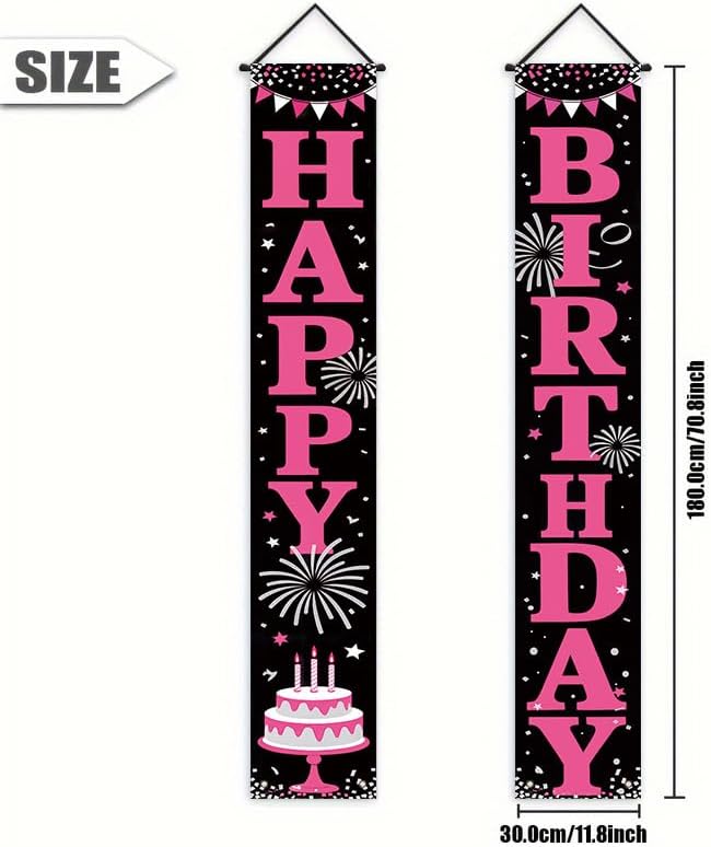 12x71 inch Birthday Party Porch Banner Durable pink and black fireworks cake design, suitable for indoor and outdoor hanging decorations for birthdays, anniversaries, or graduation ceremonies. Made of weather resistant polyester material, it is easy to...