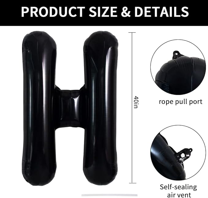 TONIFUL 40 Inch Large Black H Letter Balloon - Jumbo Helium Foil Mylar Big Alphabet for 2026 New Year Eve Graduation Wedding Baby Shower Birthday Party Anniversary Supplies Decorations