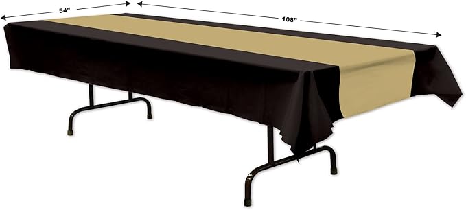 Beistle Black & Gold Striped Tablecovers, 54” x 108”, 3 Pieces – Plastic Table Cloth, Rectangular Tablecloth, Table Covers for Party, Graduation Tablecloth, Awards Night Decorations