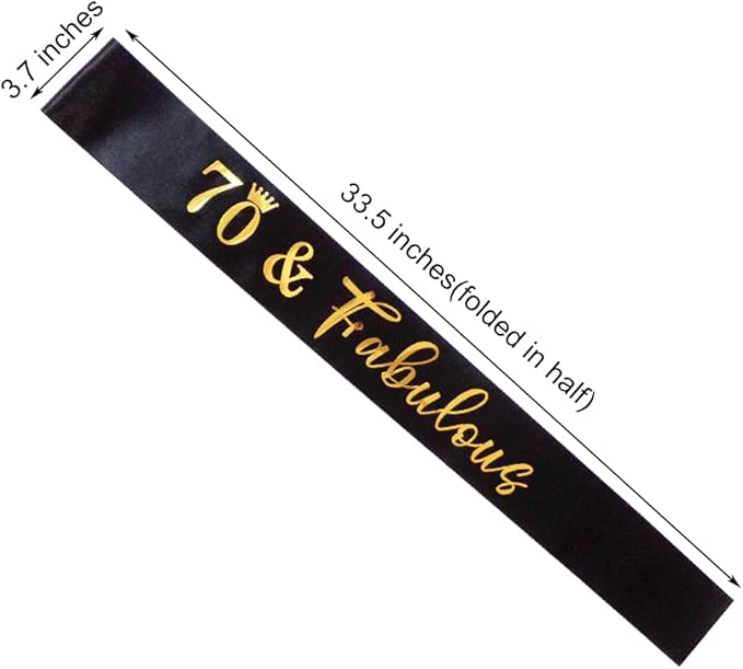 70th Birthday Sash for Women and Men 70&Fabulous Sash Black with Gold Foil Lettering