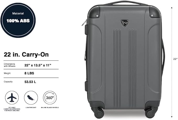 Travelers Club Chicago Hardside Expandable Spinner Luggage, Charcoal, 20"(22in with wheels) Carry-On