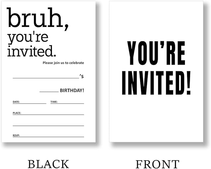 Birthday Invitations for Boys Supplies with Envelopes Set of 20 Bruh Black and White Birthday Invitations Fill in Blank, Double Sided