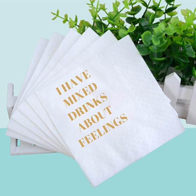 Funny Cocktail Napkins 100Pcs Funny Quotes Saying Disposable Paper Party Napkins 4.5 x 4.5 Two-ply (I Have Mixed Drinks About Feelings Napkins)
