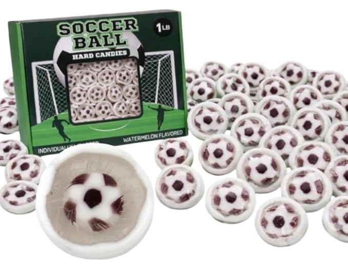 Soccer Ball Hard Candy, Watermelon Flavor, Individually Wrapped, 110+ Pieces, 1 lb Bulk Party Favors for Teams, Goodie Bags, Birthday Treats