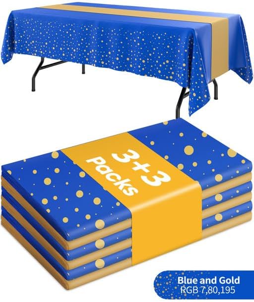 Graduation Decorations Table Cloth for Rectangle Table and Table Runner Set - 3+3 Pack, Plastic Table Cloth Disposable, Blue and Gold Tablecloth for Birthday, Wedding, Baby Shower, Christmas
