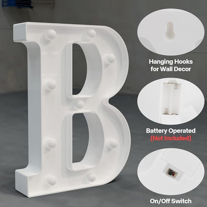 Marquee Light up Letters - 26 Alphabet Battery Powered LED Lights, Night Light White Plastic for Engagement Party Wedding Baby Shower Birthday, Lighted Marquee Sign (Letter B)