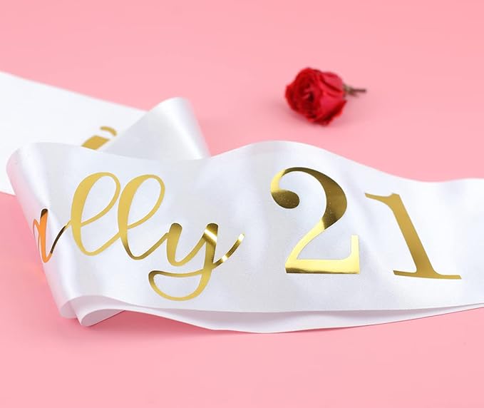 21st Birthday Sash for Girls and Women,Finally 21 Sash White with Gold Foil Lettering