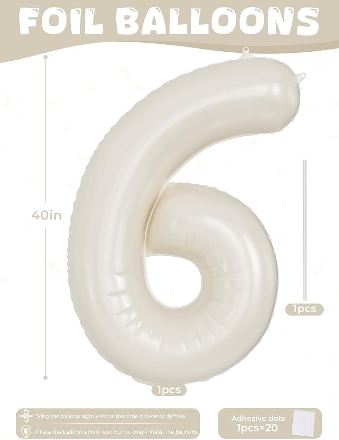 Cream Number 6 Balloons – 40 Inch Giant Foil Number Balloon, Light Cream Number Balloon for Birthday Anniversary Baby Shower Party Decorations