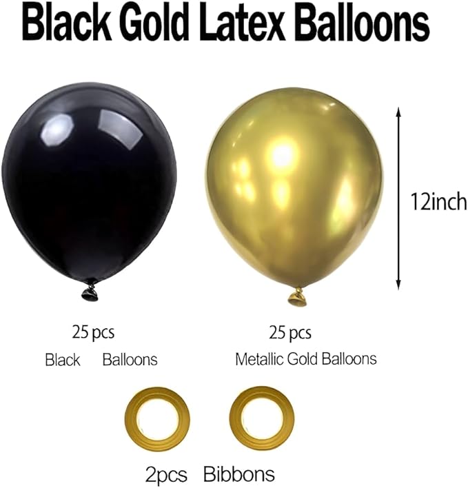Black and Gold Party Balloons, Black Gold Latex Balloons 50pcs 12 Inch Metallic Gold and Black Balloon for Graduation Birthday Weddings New Year Anniversary Retirement Party Decorations