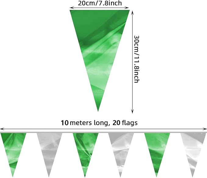 32.8FT Green Silver Glitter Triangle Pennant Banner Flag Metallic Bunting Outdoor Garland for Christmas Graduation Wedding Engagement Anniversary Bachelorette Bridal Shower Valentine's Party Decor
