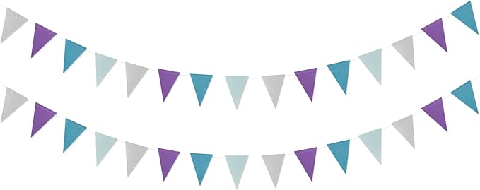 Purple-Blue Silver Frozen-Christmas Party-Decorations Banner,2 Pack Winter Girl Birthday New Year Paper Triangle Pennant Flags Streamers,Wonderland Mermaid Baby Shower Supplies Decor Lasting Surprise