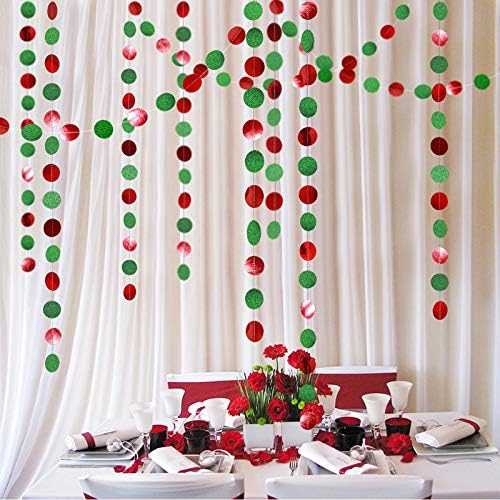 JEYE Red Green Circle Dots Party Garland Banner Decoration Paper Streamer Backdrop Hanging Decor for Birthday Engagement Wedding Christmas Party Decor, Pack of 2, 26 Feet in Total