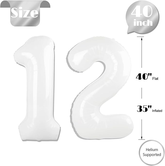 White Number 12 Balloon 40 inch, 12 Number Balloons, 12th White Birthday Decorations for Girls Boys 12 Year Old Party Supplies