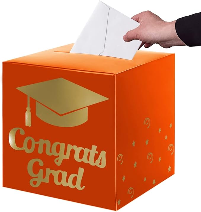 Graduation Card Box Holder, Congrats Grad Foldable Cardboard Decorations Box for Graduation Party Decoration and Grad Parties (Orange)