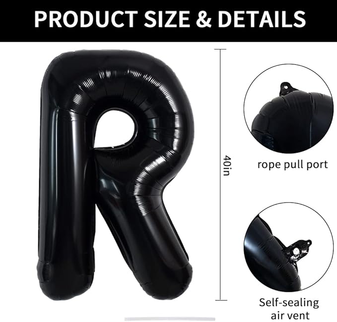 TONIFUL 40 Inch Large Black R Letter Balloons, Jumbo Helium Balloons for 2026 New Year Eve Graduation Wedding Baby Shower Birthday Party Anniversary Supplies Decorations