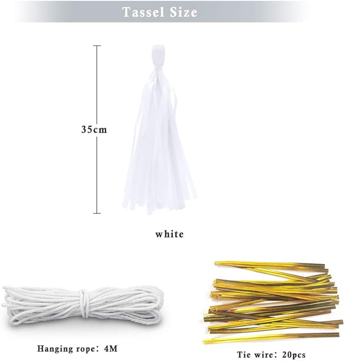 White Tissue Paper Tassel DIY Hanging Paper Decorations Party Garland for Party Decor, Wedding, Festival, Baby Shower - 20PCS (35CM)