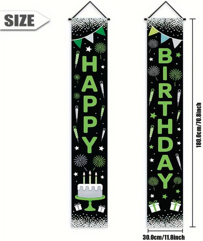 12x71 inch birthday porch banner suitable for indoor outdoor birthday party decoration, featuring green and black design, fireworks candle gifts, durable fabric, suitable for terraces