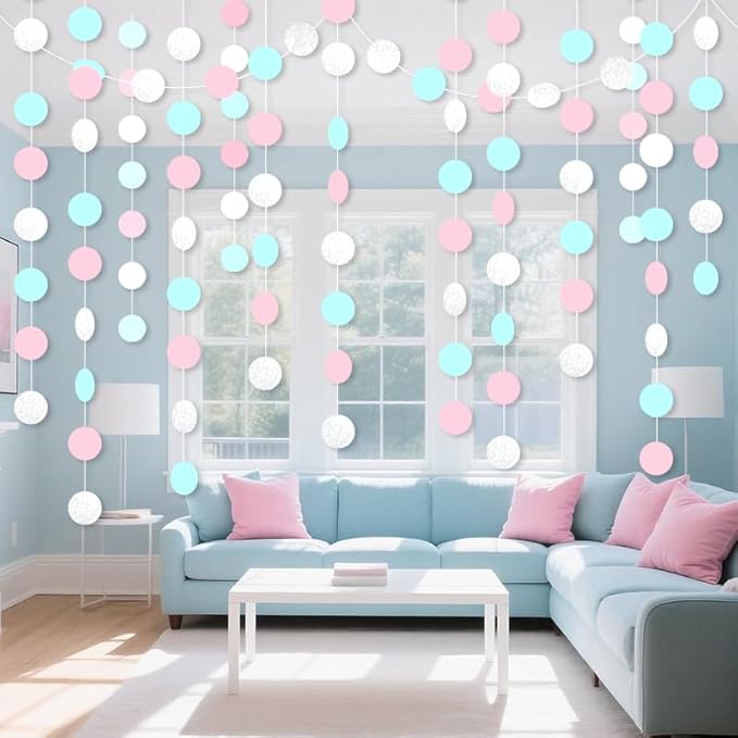 Macaron Circle Dots Hanging Garland White Blue Pink Circle Dots Hanging Streamer Macaron Bunting Banner Backdrop for Wedding Baby Shower Birthday Xmas Decor 40 Feet
