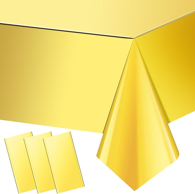 3 Pack Gold Plastic Tablecloth, Disposable Rectangle Table Covers, Holographic Metallic Foil Tablecloth Gold Party Supplies Decorations for Birthday Graduation Anniversary Bachelorette, 54x108Inch