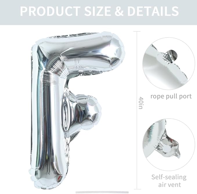 TONIFUL 40 Inch Large Silver Letter F Balloons Helium Balloons,Foil Mylar Big Letter Balloons for 2026 New Year Eve Graduation Wedding Baby Shower Birthday Party Anniversary Supplies Decorations