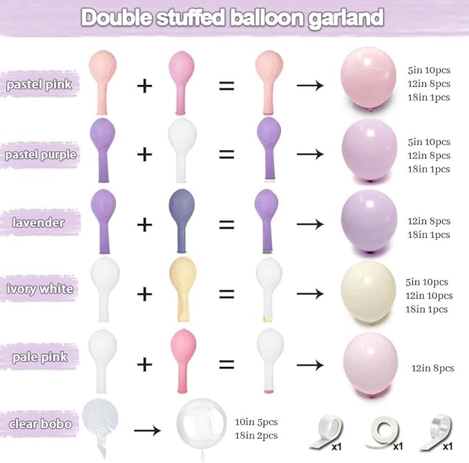 Pastel Pink Purple Balloon Arch Double Stuffed, Light Pink Lavender Lilac Ivory Balloon Garland Kit with Bobo Latex for Baby Shower Bridal Wedding Princess Birthday Valentines Party Decoration