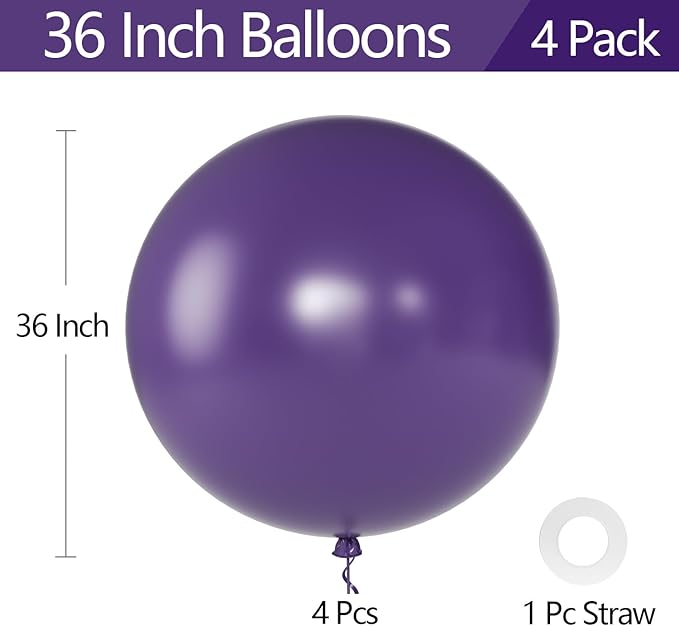 KALOR Dusty Purple Giant Balloons 36 Inch Large Latex Balloons, 4 Pack Jumbo Round Helium Balloon for Birthday Bridal Shower Wedding Baby Shower Party Decorations