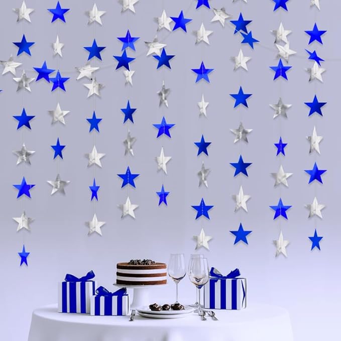 Blue Silver Shining Star Hanging Garland Blue Silver Hanging Sparkling Star Streamer Bunting Banner Twinkle Backdrop for Wedding Baby Shower Birthday Christmas Decorations 40 Feet