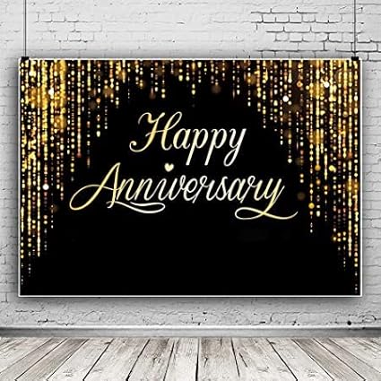 Happy Anniversary Backdrop Party Decorations, Black Gold Glitter Bokeh Dots Wedding Anniversary Party Photo Background Cake Table Banner Extra Large Wall Decor Props 6 * 4ft Valentine's Day
