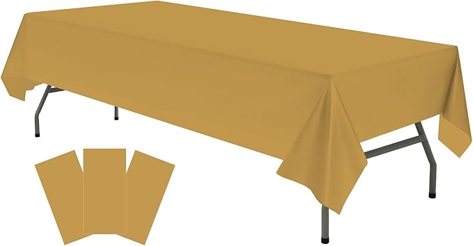 Plastic Gold Tablecloths 3 Pack Disposable Table Covers 54 x 108 Inch Golden Table Cloths for Fall Parties Harvest Graduations Anniversary Thanksgivings Weddings, Fits 6 to 8 Foot Rectangle Tables