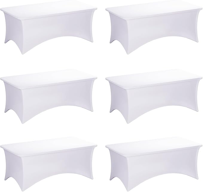 Fixwal White Table Cloth for 8FT Rectangle Tables, 6 Pack Rectangular Tablecloths Stretch Spandex Fitted Table Covers 8FT for Parties, Trade Shows, Banquet, Weddings, Buffet, Graduation Decorations