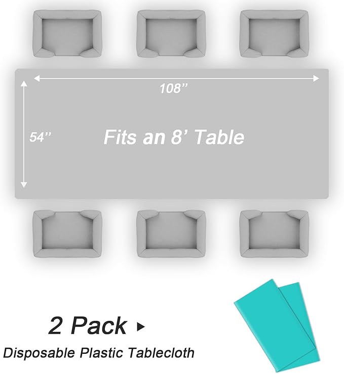 QIKSION Teal Plastic Table Cloth Disposable 2 Pack, 54 x 108 Inch Tablecloths for Easter Party, Summer, Turquoise Rectangle Table Cover