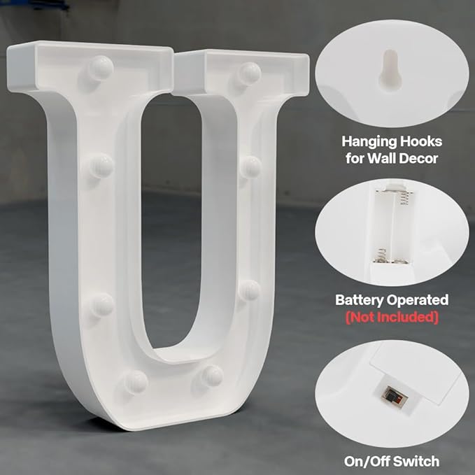 Marquee Lights, 26 Letter LED White Plastic Alphabet Letters for Valentines Day, Party (U)