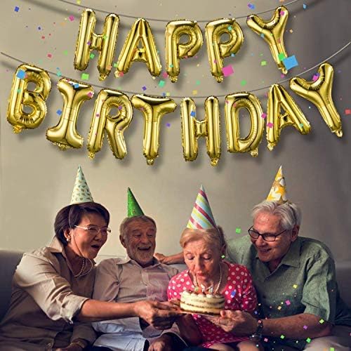 TONIFUL 3D Gold Happy Birthday Balloons Banner with Ribbon Straw, 16 Inch Mylar Foil Letters Birthday Sign Banner Balloon Bunting Reusable for Girls Boys Kids & Adults Birthday Halloween Supplies