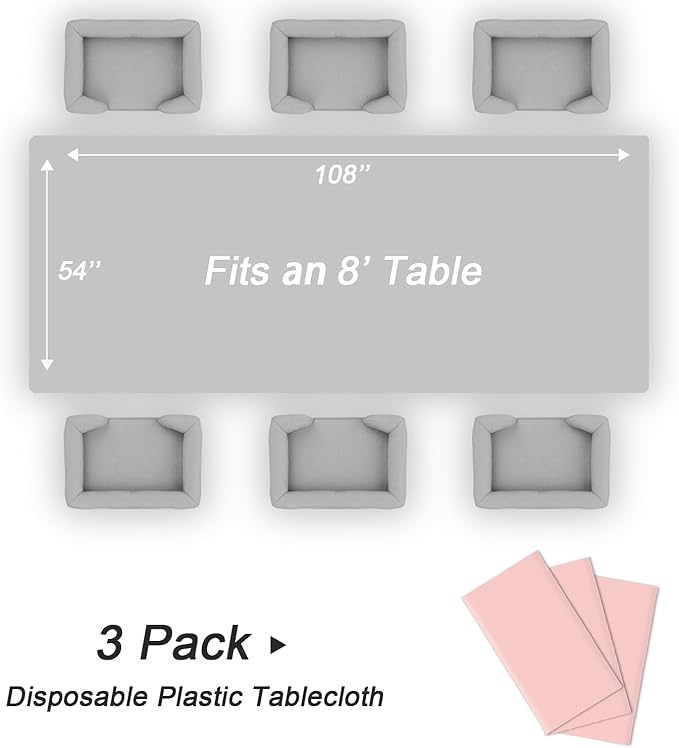 QIKSION Blush Pink Plastic Table Cloth Disposable 3 Pack, 54 x 108 Inch Tablecloths for Valentines, Easter, Mothers Day Decorations, Baby Shower Birthday Party, Rectangle Table Cover