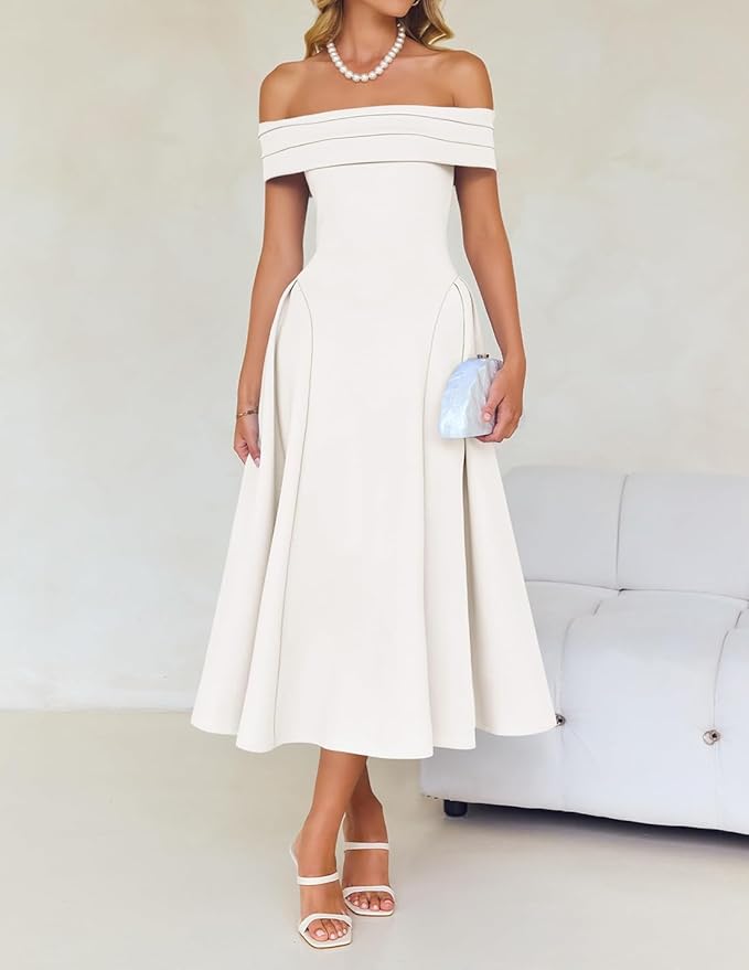 ZESICA Summer 2026 Cocktail Dresses for Women's Off Shoulder Short Sleeve Swing A Line Wedding Evening Party Midi Dress