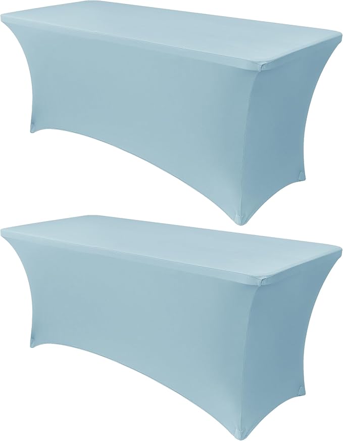 Obstal 8Ft Stretch Spandex Table Cover for Standard Folding Tables - 2 Pack Universal Rectangular Fitted Tablecloth for Party, Banquet, Events, Trade Show (Dusty Blue, 96L x 30W x 30H Inches)