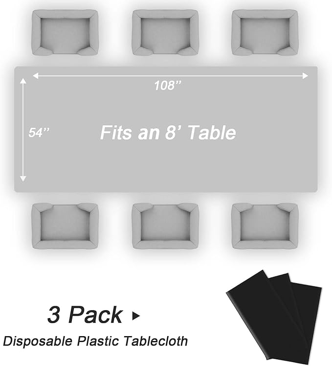 QIKSION Black Plastic Table Cloth Disposable 3 Pack, 54 x 108 Inch Tablecloths for Party, Graduation, Halloween Decorations, Rectangle Table Cover