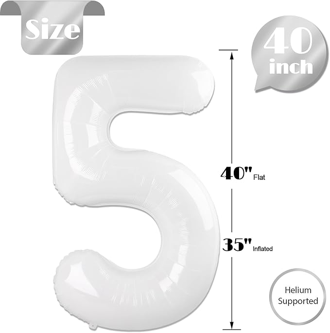 White Number 5 Balloon 40 Inch, 5 Balloon Number, 5th Birthday Decorations, White Party Supplies for Boys Girls