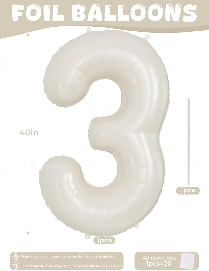Cream Number 3 Balloons – 40 Inch Giant Foil Number Balloon, Light Cream Number Balloon for Birthday Anniversary Baby Shower Party Decorations