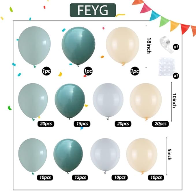 Dusty Green Blue Balloon Arch Kit, Fog Green Dusty Water Blue Beige Ivory Latex Balloons Garland Kit for Women Men Neutral Birthday Wedding Baby Bridal Shower Jungle Safari Party Decorations
