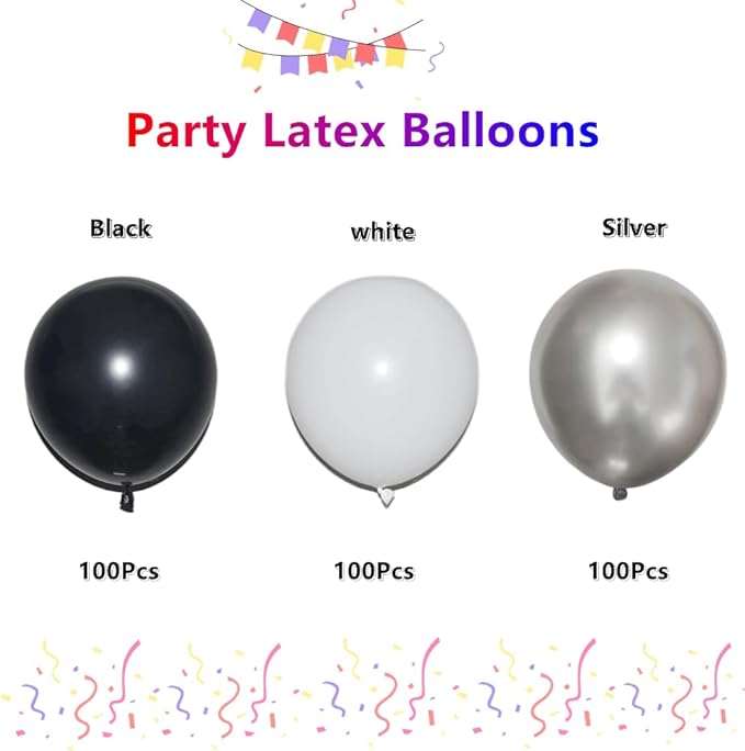 300 Pcs Black White Silver 12 Inch Bulk Latex Balloons for Birthdays Weddings Party Decorations